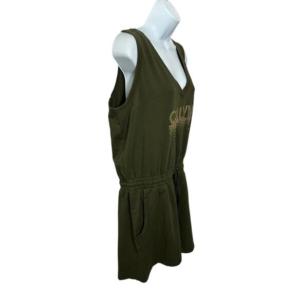 Calvin Klein Olive Green Romper Sz Large Shorts Sleeveless V-Neck Pockets - Picture 2 of 6